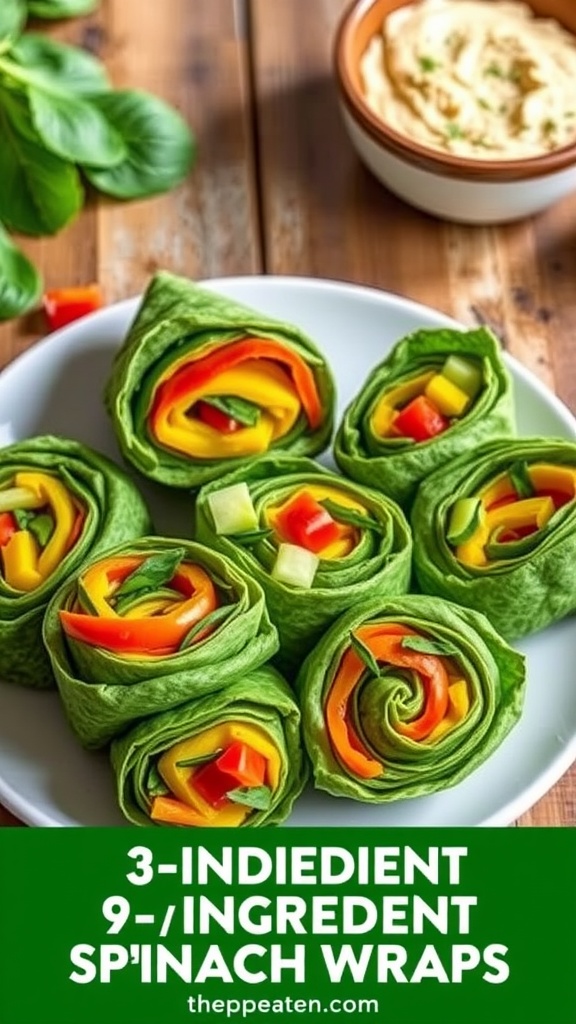 Colorful spinach wraps filled with sliced vegetables, served on a rustic plate with a bowl of hummus.